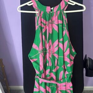 Green and Pink Leaf Print Halter Maxi Dress